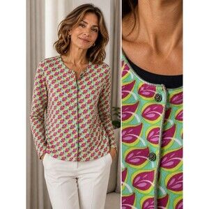 MALIPARMI CARDIGAN Cotton KNIT Pink Green Leaf Metallic Button ITALY L